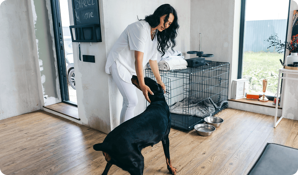 Lady with dog near a pet crate