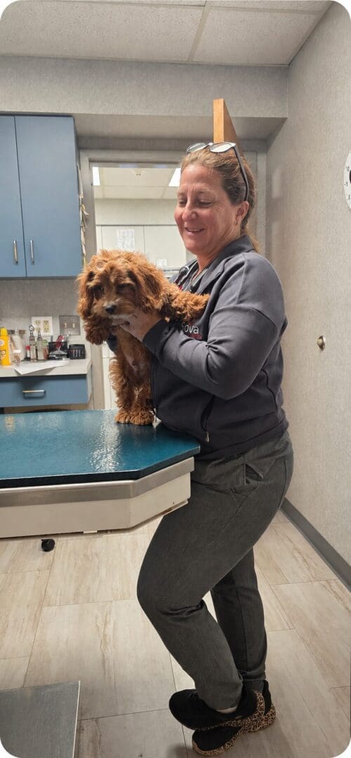 A woman carrying a dog
